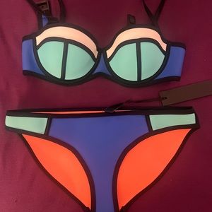 NWT Triangl Neoprene Blue and Orange Color Block bikini set